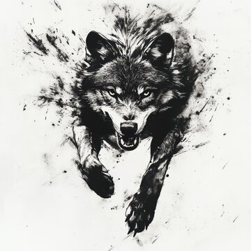 wolf attacking,running, jumping,action pose,tattoo, White background