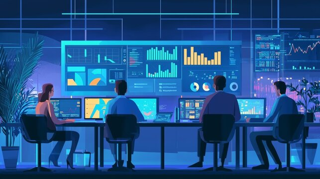 Team of analysts utilizing ai tools to evaluate investment opportunities and conduct market research in a collaborative space