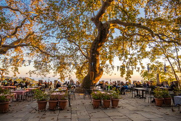 Sunset in Makrinitsa under the huge plane tree at the village's square in Pelion, Greece