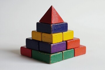Obraz premium Colorful wooden blocks arranged in a pyramid shape, ideal for educational purposes and children's play.
