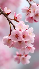 High-Quality Image of Pink Cherry Blossoms on a Branch: Delicate Sakura Flower Blooms for Nature and Spring Aesthetics.