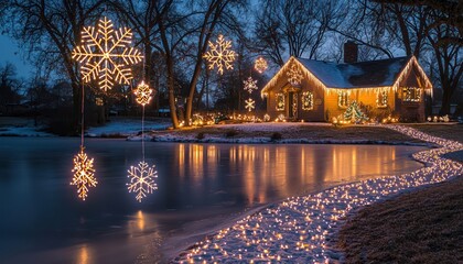 A quaint lakeside cottage adorned with a magical Christmas lights display, featuring lights reflecting off the frozen lake, a glowing pathway leading to the front door