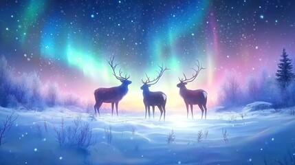 Three deer silhouetted against a breathtaking display of aurora borealis in a snowy winter forest.