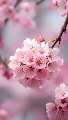 High-Quality Image of Pink Cherry Blossoms on a Branch: Delicate Sakura Flower Blooms for Nature and Spring Aesthetics.