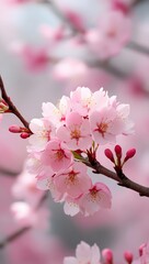High-Quality Image of Pink Cherry Blossoms on a Branch: Delicate Sakura Flower Blooms for Nature and Spring Aesthetics.