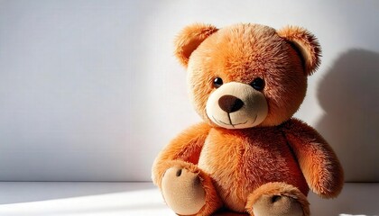 A cute brown teddy bear sits on a white background