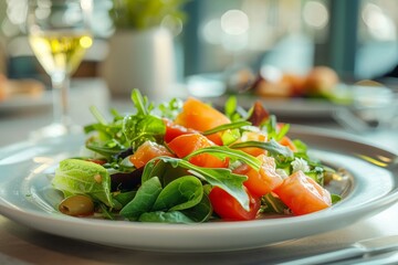 Simple salad for a break: plate on a café table