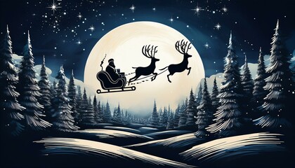 Black silhouette Christmas Santa flying christmas sleigh with reindeers in the night sky