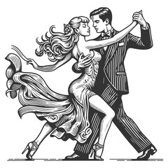 Naklejka premium tango couple in motion, classic attire, elegance, passion, and vintage charm sketch engraving generative ai fictional character vector illustration. Scratch board imitation. Black and white image.