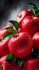 Close-Up of Dewy Red Apples with Vibrant Green Leaves - Perfect for Health, Fresh Produce, and Natural Food Themes.