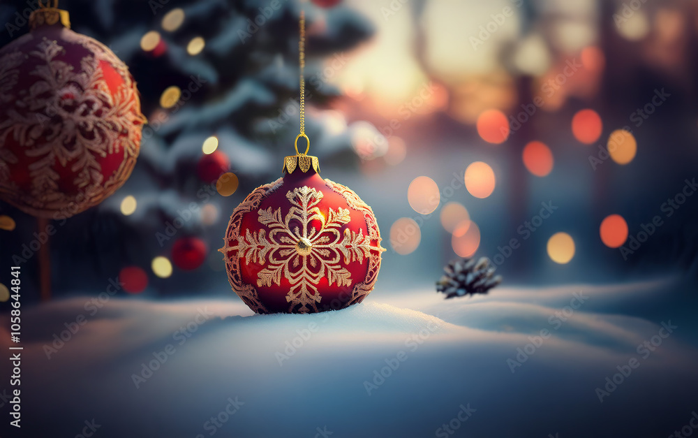 Poster two red christmas ornaments with snowflake designs hang on a tree branch in a snowy winter forest. t