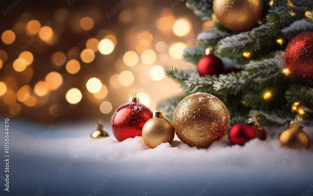 Poster a close-up of a decorated christmas tree with red and gold ornaments resting in the snow in front of