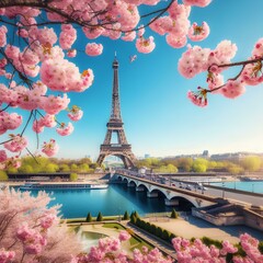 Eiffel Tower framed by spring cherry blossoms under clear blue sky.