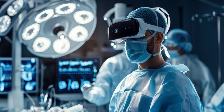 Ai-powered robotic surgery in a sterile operating room with a surgeon using augmented reality glasses to guide the robotic arms for precision procedures