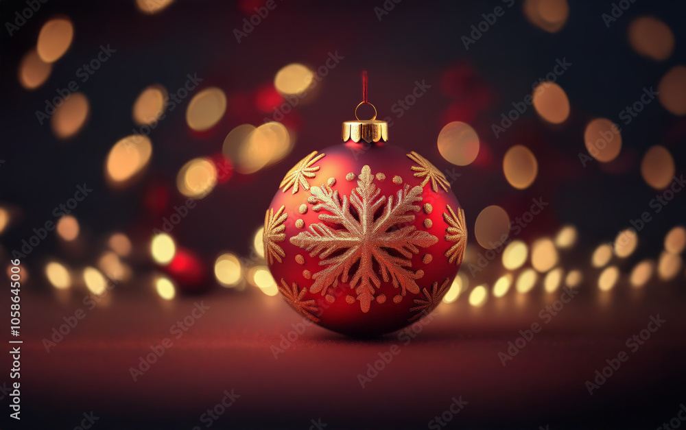 Poster A single red Christmas ornament with a gold snowflake design sits on a dark surface against a bokeh background of warm and cool lights.