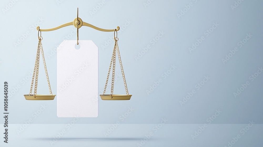Poster a close-up image of balanced scales with a price tag on one side and a value icon on the other, symb