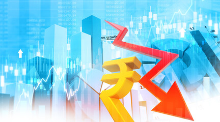 Indian rupee symbol with down arrow on stock market graph chart. 3d illustration. © Rasi