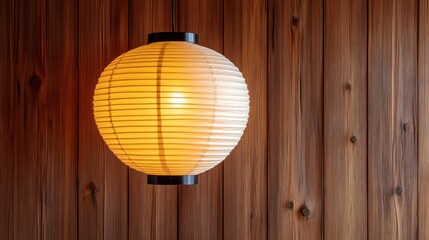 A traditional Japanese paper lantern, with a warm glow, hangs from a wooden ceiling.