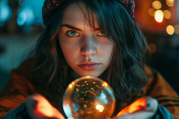 Fototapeta premium Generative AI image of a mystical woman with a crystal ball, perfect for themes of magic, divination, and the supernatural