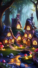 Magical Fairy Tale Forest Cottages by a Stream with Glowing Mushrooms, Lanterns, and Greenery - Perfect Fantasy Art for Mystical Themes.