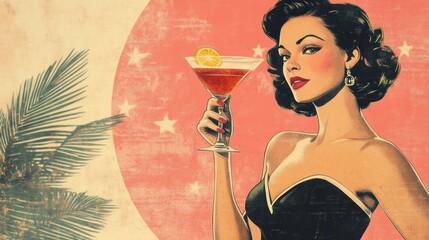 A retro-style illustration of a woman in a black dress holding a martini glass with a lemon twist. The background is a pink circle with white stars, and a palm tree leaf peeks in from the left.