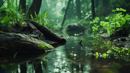 Tranquil Forest Stream with Fog and Lush Greenery