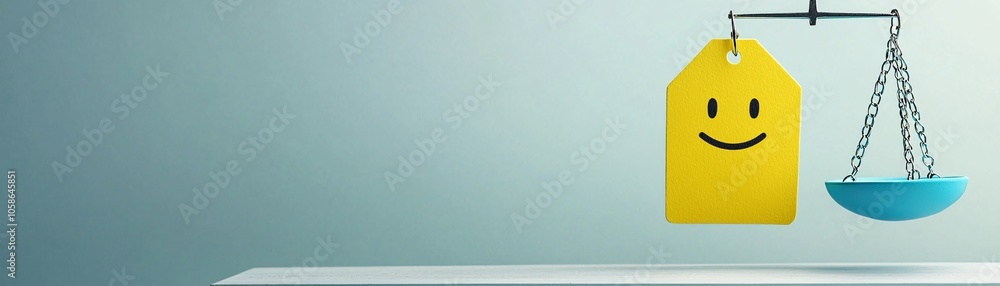 Poster a minimalist scene featuring a price tag and value icon balanced on either side of a scale, illustra