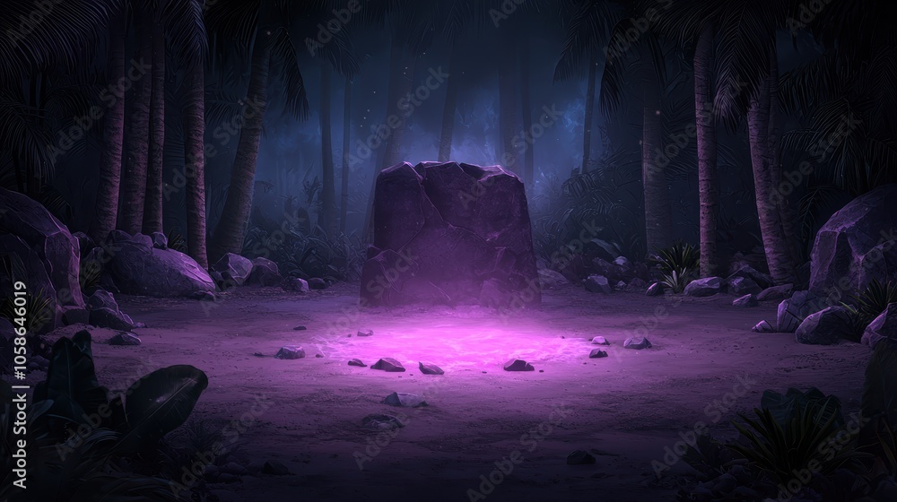 Poster a mysterious stone in a dark forest glows with a purple light, surrounded by trees and rocks, creati