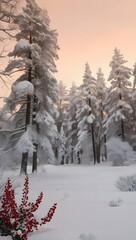 Stunning Winter Sunrise with Snow-Laden Trees and Bright Red Berries in a Serene Forest Scene - Beautiful Snowy Landscape Photography Capturing the Tranquil Essence of Nature in Winter.
