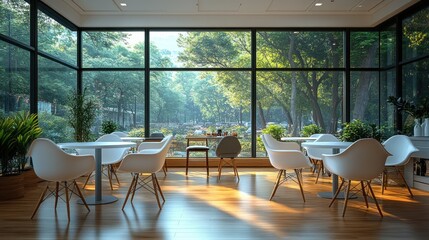Fototapeta premium Modern cafe interior with large windows overlooking a green park. (1)