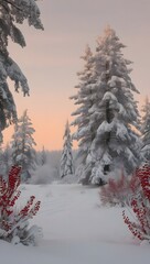 Stunning Winter Sunrise with Snow-Laden Trees and Bright Red Berries in a Serene Forest Scene - Beautiful Snowy Landscape Photography Capturing the Tranquil Essence of Nature in Winter.