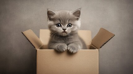 British shorthair kitten sitting in a small box, cute, adorable, pet, animal, furry, small, domestic, feline, whiskers.