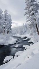 Stunning Winter Landscape of Snow-Covered Trees and Tranquil River Stream Surrounded by Snow in Forest.