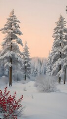 Stunning Winter Sunrise with Snow-Laden Trees and Bright Red Berries in a Serene Forest Scene - Beautiful Snowy Landscape Photography Capturing the Tranquil Essence of Nature in Winter.