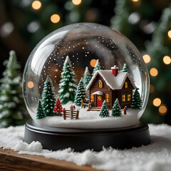 A detailed close-up of a festive snow globe featuring a cozy cabin, falling snow, and trees, capturing a charming,