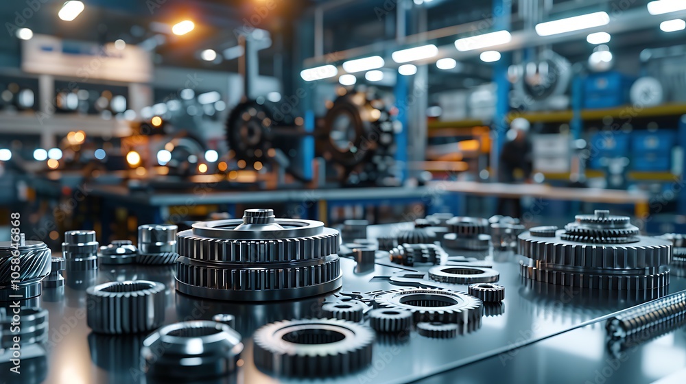 Poster A close-up view of industrial gears and mechanical parts in a factory setting, highlighting the precision and complexity of machinery.