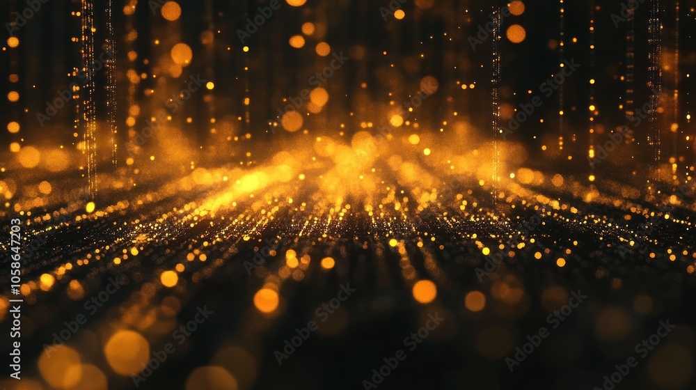 Sticker abstract background with golden bokeh particles falling on black background.