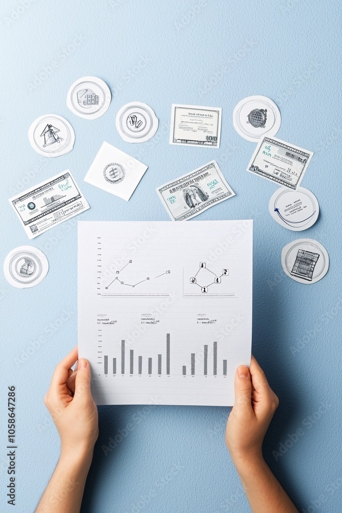 Poster close-up of hands holding a document with cost-benefit analysis charts, while icons representing pri