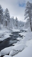 Stunning Winter Landscape of Snow-Covered Trees and Tranquil River Stream Surrounded by Snow in Forest.