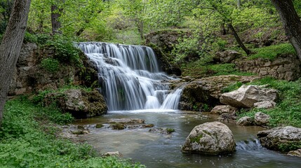 Fototapeta premium Tranquil Waterfall in Lush Green Forest