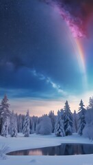 Enchanting Winter Night Landscape with Snowy Forest, Serene Lake Reflection, and a Breathtaking Celestial Glow - Beautiful Winter Sky and Scenic Snow-Covered Trees Under a Starry Night.