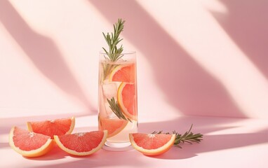 An inviting gin and tonic cocktail adorned with slices of grapefruit and sprigs of rosemary, elegantly displayed in a highball glass. The backdrop is a soothing pastel pink