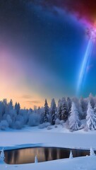 Enchanting Winter Night Landscape with Snowy Forest, Serene Lake Reflection, and a Breathtaking Celestial Glow - Beautiful Winter Sky and Scenic Snow-Covered Trees Under a Starry Night.
