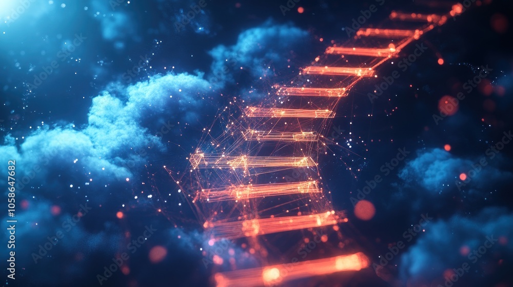 Poster abstract digital stairway leading up to a bright light in the sky with clouds and sparkles.