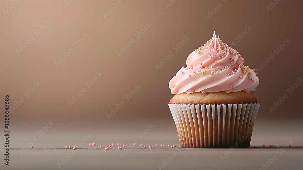 Poster charming view of cupcake with pink frosting and sprinkles on smooth surface, creating delightful and inviting scene