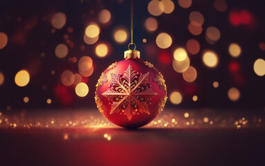 Obraz premium A single red Christmas ornament with a gold snowflake design hangs against a dark background with bokeh lights.