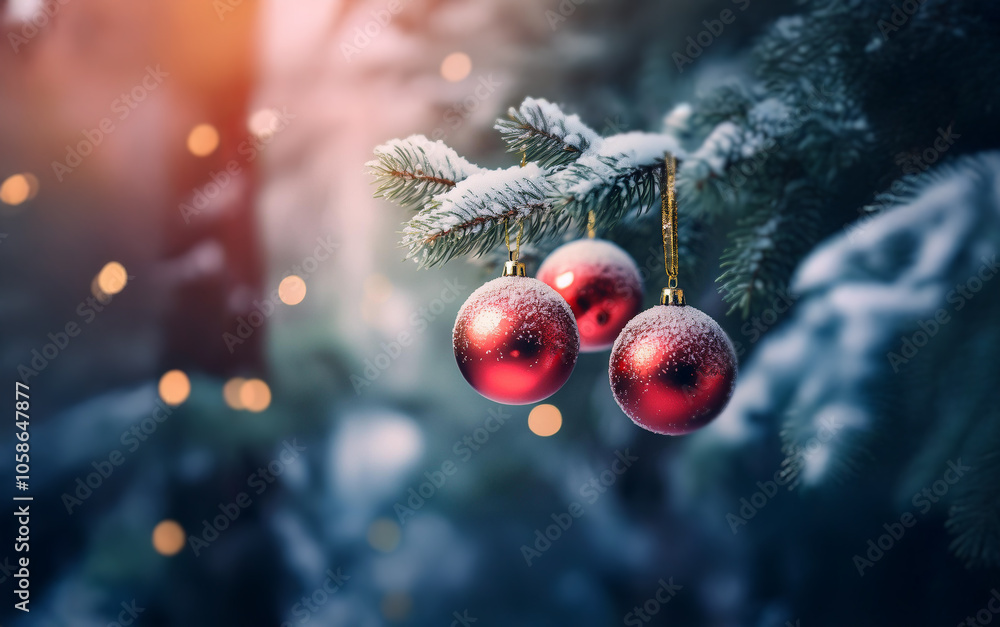 Poster a snowy evergreen branch with three red ornaments hanging from it. the background features a bokeh e