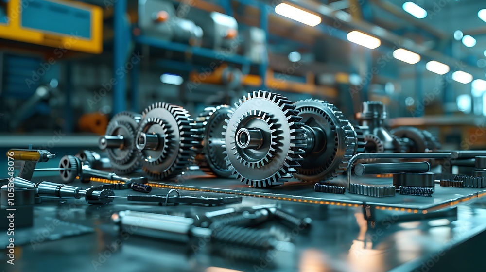 Poster A close-up of various mechanical gears and tools arranged on a workbench in a well-lit industrial environment, showcasing machinery detail and precision engineering.