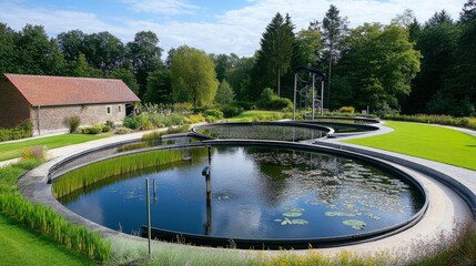 Fototapeta premium Circular Pond with Water Treatment Facility and Green Grass in the Background