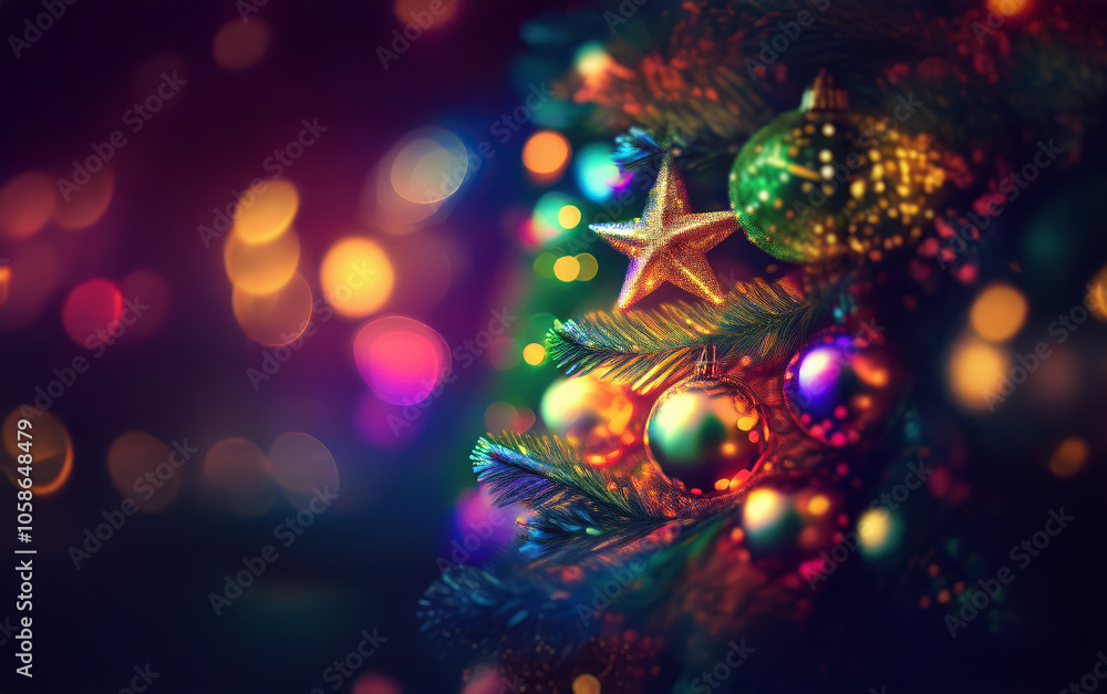 Poster a close-up of a decorated christmas tree with colorful ornaments and twinkling lights.